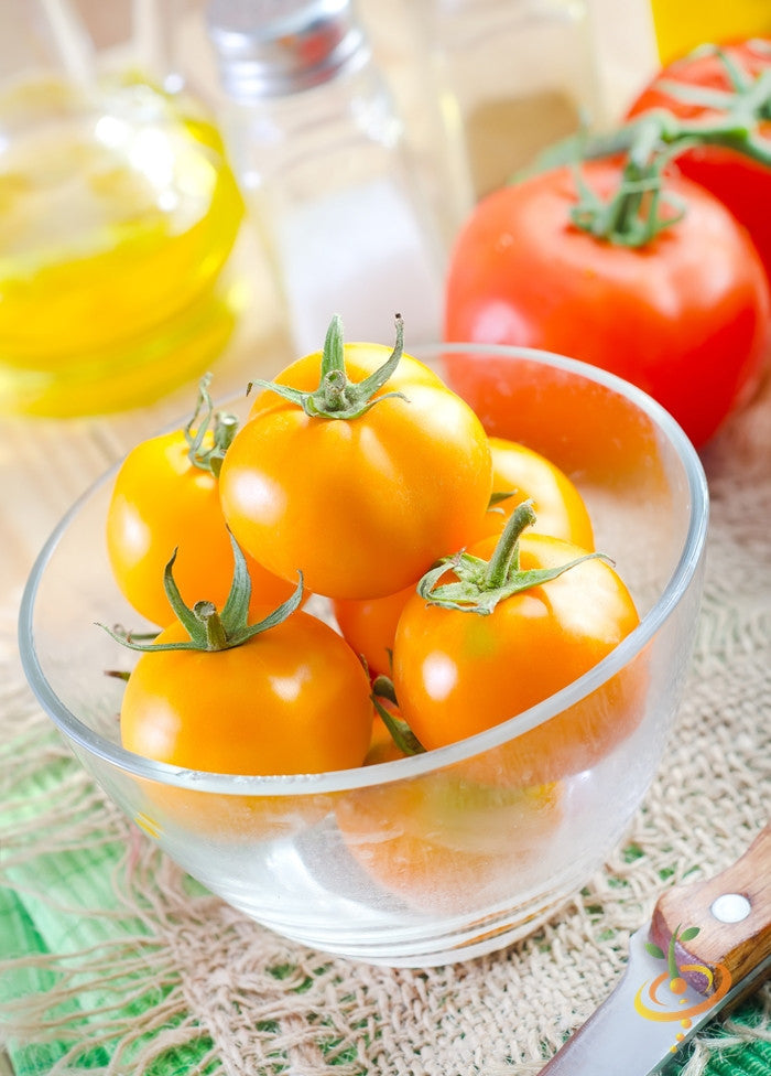 Heirloom Jubilee indeterminate tomato seeds from SeedsNow, showing vibrant ripe tomatoes on the vine.