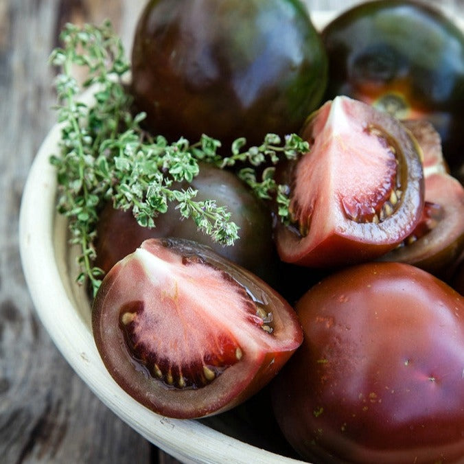 Black Krim heirloom tomato seeds to order online from the USA. Salty flavor, 1 lb. deep brown color. Open-pollinated OP USA-quality, NON-GMO organic seeds & more!